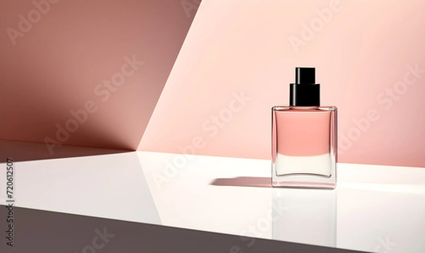 Fototapeta Glass bottle with a dark cap on a monochrome pink background with a play of light and shadow