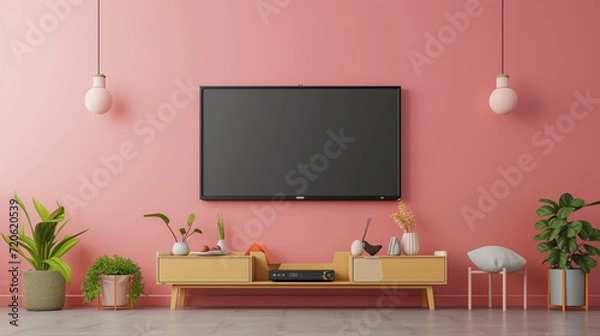 Fototapeta Pastel color peach fuzz wall mounted TV. Interrior design mockup template.