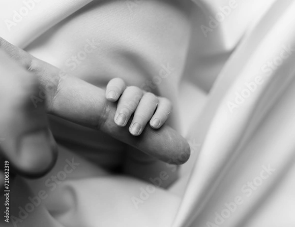 Obraz The hand of a newborn baby in the hands of the mother. Black and white photo.