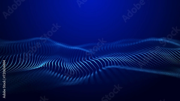Obraz Abstract background grid. Data stream. Futuristic blue particle wave. 3d rendering.