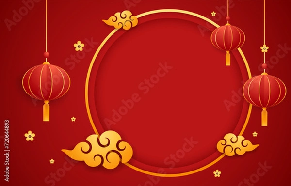 Fototapeta Happy Chinese new year 2024. Chinese new year banner with circle for show product. Greeting card. China frame with lantern on red background.