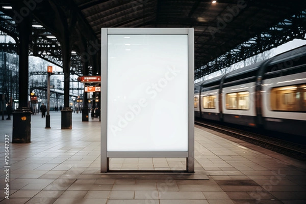 Fototapeta Blank white billboard on platform of railway station. Mock up