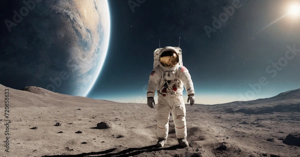 Fototapeta A stunning image of an astronaut in a white spacesuit with a rocket, satellite, and Earth in the background, encapsulating the essence of space exploration and the universe.