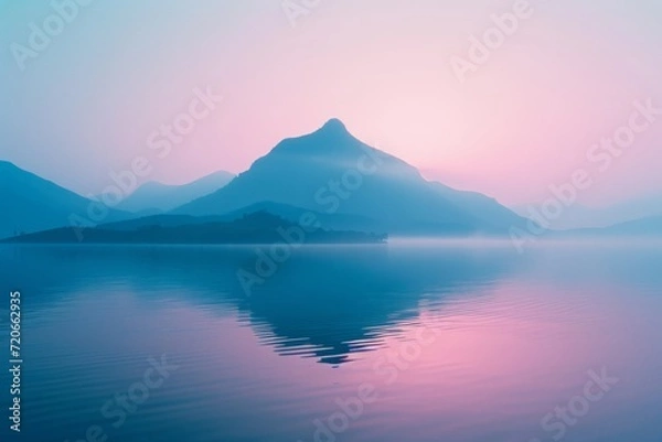 Fototapeta image of a mountain in the water at sunset