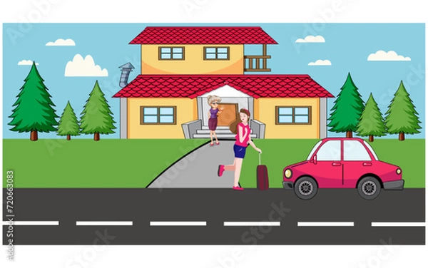 Obraz The daughter is going to college and her mother said goodbye. Flat vector illustration. 