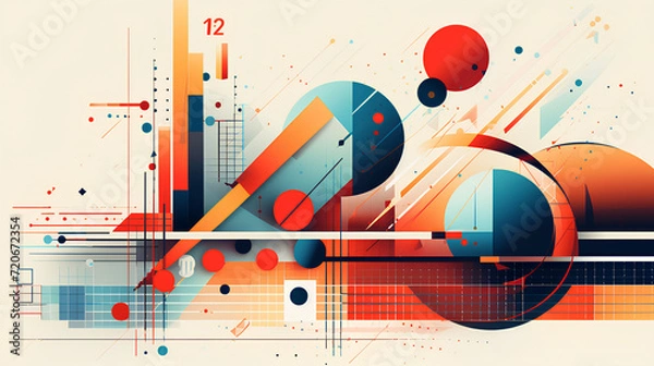 Obraz Colorful Geometric Shapes and Lines Abstract Illustration: Vibrant and Dynamic Composition of Various Geometrical Figures, Stripes, and Patterns