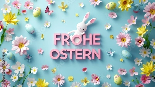 Obraz Pink Happy Easter text in German. Colorful Easter Arrangement with Flowers and Eggs. Floral spring wallpaper background