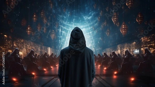 Fototapeta Anonymous hacker, surrounded by a network of glowing data