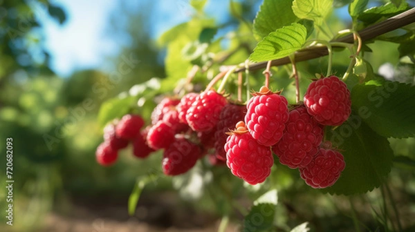 Fototapeta red raspberry on a bush