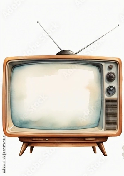 Fototapeta Watercolor Illustration Of A Realistic Retro Tv With A White Screen Isolated On White Background