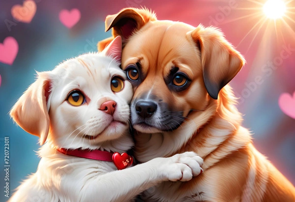 Fototapeta Two cute pets hugging on a pink background with hearts illustration for Valentine's day. Dogs in sunlight