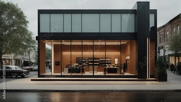 Fototapeta A sleek and modern storefront, with clean lines. Minimal architecture and design concept. Fashion, consumerism and shopping idea. Copy space.