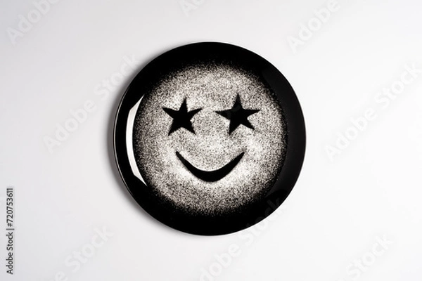 Obraz Smiling face, concept made with plate and flour, white background, star shaped eyes, black plate, happy mood