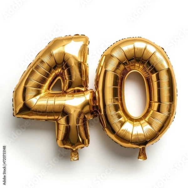 Obraz Number Forty (40) Shaped Golden Foil Balloons on a White Background. Generative AI.
