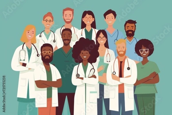 Obraz Modern cartoon-style graphic featuring a diverse group of healthcare professionals, emphasizing inclusivity and diversity in the medical field