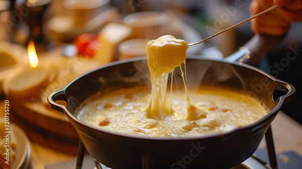 Fototapeta Delicious cheese pull from a fondue pot, captured in a warmly lit setting, epitomizing comfort food.