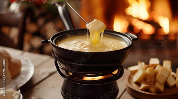 Fototapeta Cozy fondue pot over a flame, cheese stretching from dipper, inviting warmth with a fireplace in the background