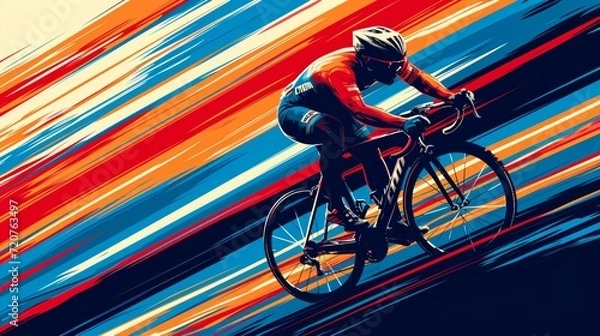 Fototapeta An athlete on a bicycle races forward with a streak of vibrant, dynamic lines, suggesting high velocity and competitive spirit.