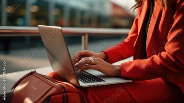 Fototapeta a woman in a red suit is typing on a laptop at the airport. businessman in the terminal with luggage. work online
