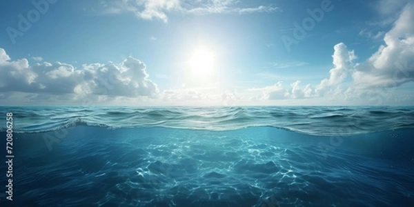 Fototapeta serene underwater scene with sunlit ocean waves, waterline, Generative AI