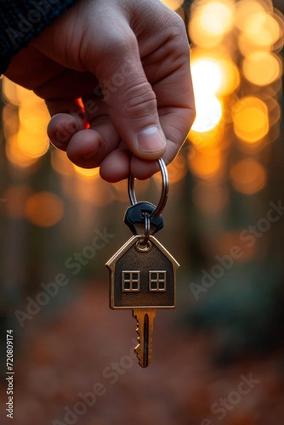 Fototapeta Close-up of Person Holding House Key in Hand. Person Holding House-Shaped Key in Front of Sunset.