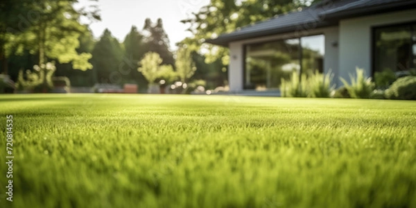 Fototapeta Lush green lawn in sharp focus with a cozy house and trees softly blurred in the sunny peaceful suburban home background