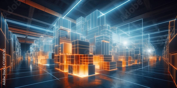 Fototapeta Futuristic digital warehouse using augmented reality. Smart logistics, ecommerce and delivery concept in modern industry