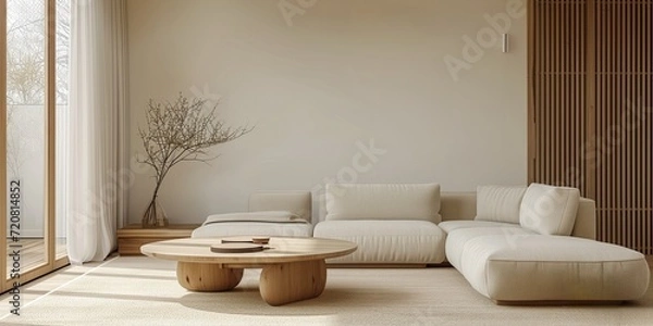 Fototapeta Japandi minimalist interior with organic textures and nature view