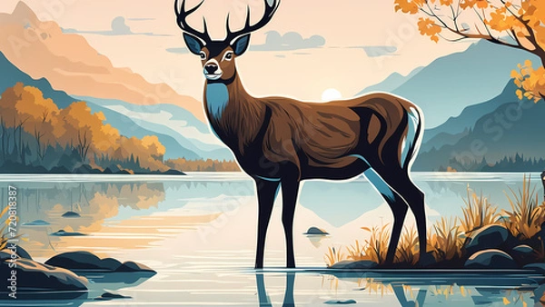 Fototapeta Abstract background of deer in the rive. Forest fantasy landscape graphic illustration. Template for your design works ready to use.