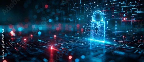 Fototapeta Digital padlock for computing system on dark blue background