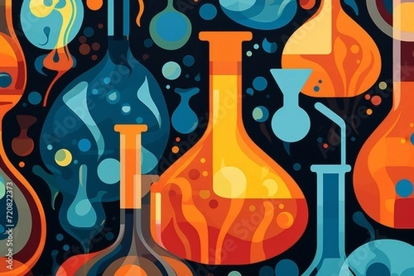 Fototapeta Graphic patterned background of repeating flasks and bubbling reactions, featuring a vibrant and contrasting color scheme to provide a visually stimulating and modern canvas for educational designs