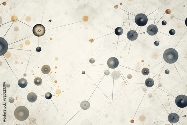 Fototapeta Graphic patterned background of repeating atom representations and chemical symbols, incorporating a clean and minimalist design in neutral tones for a visually dynamic and educational environment
