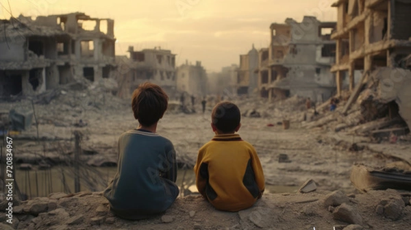 Fototapeta Rear view of children sitting in front of a city destroyed by war