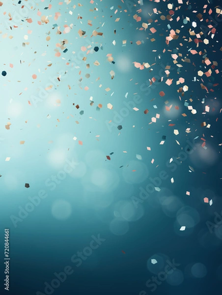 Obraz Colorful confetti on soft, dreamy, blue background with bokeh effect. Confetti falling from the sky. Minimalist festive texture. Simple, modern holiday abstract. Copy space.