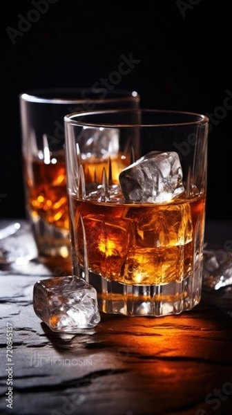 Fototapeta Two glasses of whiskey with ice on a bar counter. Alcohol drink. Dark background. Vertical shot. AI Generated 