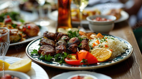 Fototapeta plate in a restaurant with lamb skewers 
