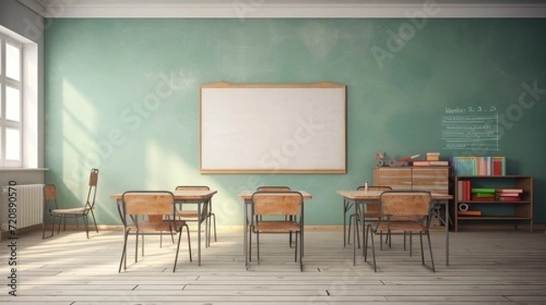 Fototapeta Bright and airy classroom setting with an empty chalkboard for educational concepts