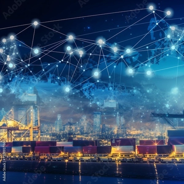 Fototapeta Industrial Container Cargo freight ship, forklift handling container box loading for logistic import export and transport industry concept backgroundtransport industry background. High quality photo