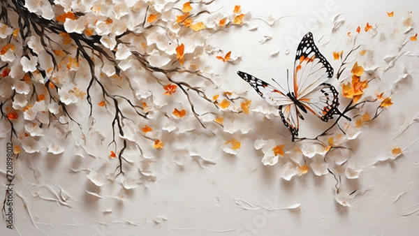 Obraz butterfly floating in the wind through the branches of a tree with oil paints. Gorgeous white background