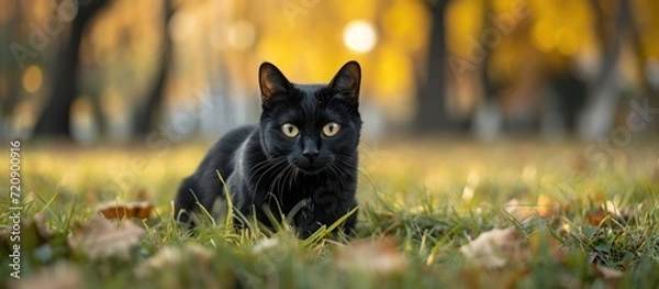 Obraz Black cat is sitting on the grass.