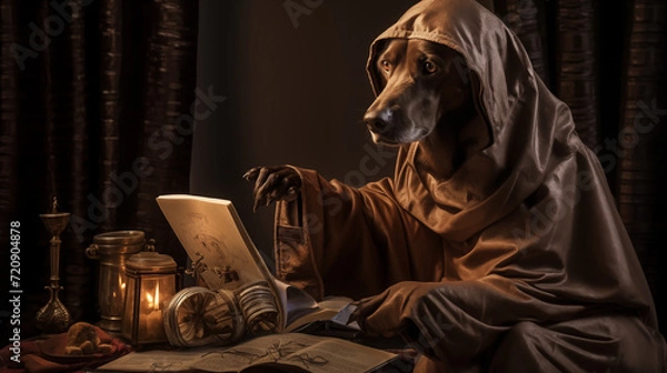 Fototapeta A Dog reading a book in library