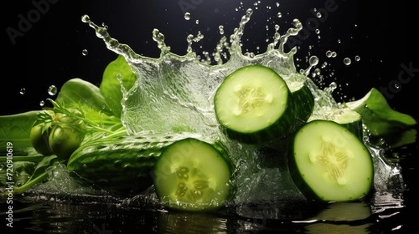 Fototapeta fresh green cucumber splashed with water on black and blurred background