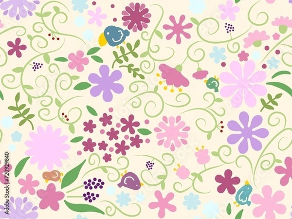 Fototapeta 花と鳥のシームレスパターン　C-3