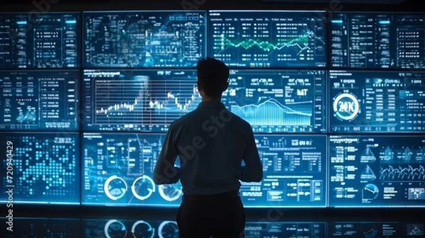 Fototapeta male office worker in front of a large LED computer screen displaying company data analysis