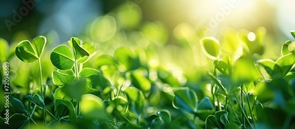 Fototapeta Close-up of young pea leaves with selective focus, against a bright sky and shallow depth.