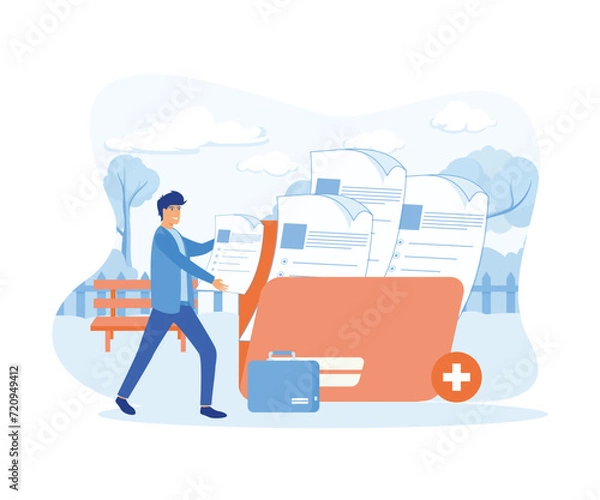 Obraz  Businessman adds file to big folder. Storage and indexing of information. Businessman holds paper document. flat vector modern illustration 