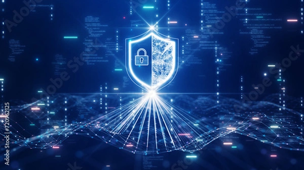 Obraz Cyber security technology concept shield protection connection big data abstract binary code dark blue background