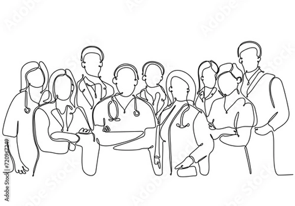 Fototapeta One continuous single line drawing group of young male and female doctors posing standing together holding medical reports. Teamwork medical concept draw single line design vector illustration