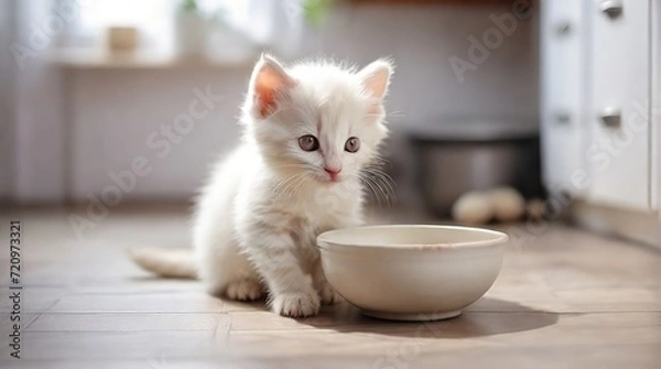 Fototapeta A funny little cute kitten is eating dry food from a bowl. The kitten is licking its lips, delicious food. a kitten eats at home, the concept of caring and loving for a pet