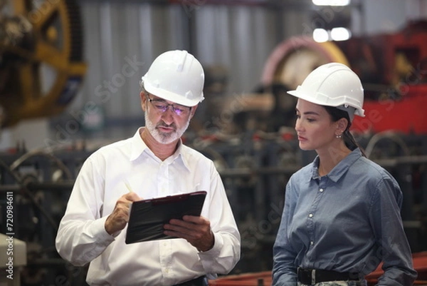 Fototapeta worker or engineer working in factory with safety uniform , safety hat and safety glasses , image is safety concept or happy workplace